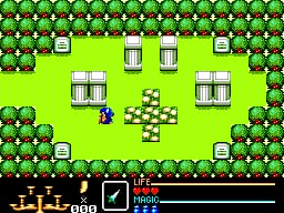 A top-down overhead view of a green outdoor area surrounded by dark trees and foliage. A small sprite character stands in the center of a clearing with five white buildings arranged around them. A cross-shaped formation of white tiles extends outward from the character's position. The HUD at the bottom displays gold currency (0000), a health bar, and a mana or power indicator showing 7000. The art uses 8-bit pixel sprites with a limited color palette of greens, whites, and blacks characteristic of early SMS graphics.
