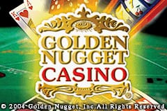 The title screen features a large golden ornate frame with 'GOLDEN NUGGET CASINO' in bold serif lettering centered on screen. Behind the frame sits a green felt surface suggesting a casino table, with playing cards and poker chips visible in the upper left corner and a red curved element in the upper right. Warm orange and yellow lighting emanates from behind the frame. A copyright notice for Golden Nugget appears at the bottom left. The art style uses pre-rendered graphics typical of Game Boy Advance titles, with smooth shading and dimensional depth.