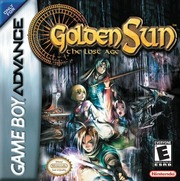 The Golden Sun: The Lost Age Game Boy Advance box art displays the golden series logo at top center in ornate lettering. Below sits a group of four characters positioned among blue-tinted rocky terrain and architectural elements. The leftmost figure wears red and yellow clothing, while others display varied armor and robes in greens, blues, and metallics. A dark, stormy sky occupies the background with atmospheric lighting effects. The overall composition uses a fantasy RPG aesthetic with 2D character artwork rendered against layered background elements.