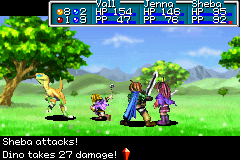A battle screen displays four party members lined up on the right side facing an enemy character on the left in a grassy outdoor setting. A blue status bar at the top shows HP and MP values for multiple characters. The bottom of the screen shows red combat text reading "Shebo attacks!" and "Uh-oh... 27 damage!", indicating an attack result. The scene uses 16-bit sprite graphics with a verdant green landscape, distant mountains, and trees rendered in parallax layers.