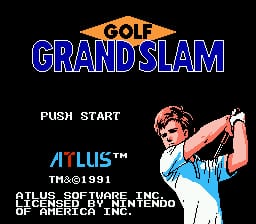 The title screen displays "GOLF GRAND SLAM" in large blue and gold lettering across the top. Below, a pixel-art golfer in a blue shirt and white pants is shown mid-swing, facing right. The text "PUSH START" appears in the upper left, while copyright information for ATLUS and Nintendo is centered at the bottom in white text on the black background. The sprite-based graphics use a limited color palette typical of NES-era games.