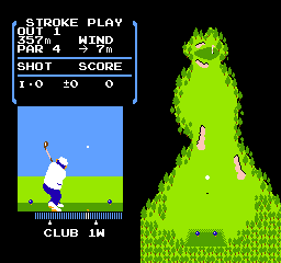 The left side displays a golf game interface with blue menus showing stroke play mode, wind speed of 7, par 4, shot count, and score of zero. A small pixelated golfer figure stands on a green grass strip above a measurement ruler labeled "CLUB 1M". The right side features a large lime-green mountain or hill with textured pixelated terrain and scattered dots, rendered in bright yellow-green against a black background.