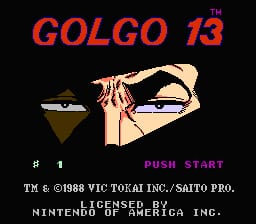 The NES title screen displays "GOLGO 13" in red italicized text at the top. Below is a pixel art illustration of a hand holding a gun in profile, rendered in tan and brown tones against a black background. A cocktail glass sits to the left of the hand. Magenta text reading "PUSH START" appears in the lower portion. Copyright and licensing information for Vic Tokai, Saito Pro, and Nintendo appears at the bottom in small white text.