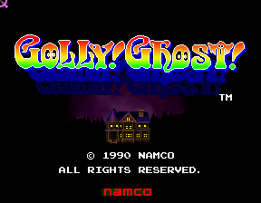 The title screen displays 'Golly! Ghost!' in large, multi-colored pixelated letters at the top, with yellow, red, green, and blue coloring. Below the title sits a small brown haunted house sprite centered on the black background. Copyright text reads '© 1990 NAMCO' and 'ALL RIGHTS RESERVED' in white, with 'namco' in red at the bottom. A trademark symbol appears in the upper right corner.
