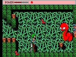 A red sprite character stands in the lower-right area of a maze-like green cavern filled with winding passages. Brown stone walls form the maze borders on the left side. Several small red objects, likely collectibles or enemies, are scattered throughout the green pathways. The UI displays a health or status bar at the top in pink and gray. The sprite-based graphics use a limited color palette typical of early SMS games, with pixelated terrain and a top-down perspective view of the maze layout.