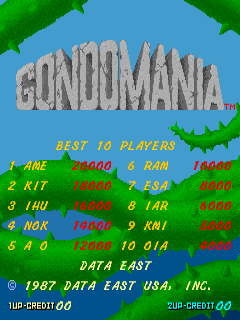A high-score leaderboard screen displays stone-textured large lettering for 'GONDOMANIA' at the top against a blue sky background with green foliage in the corners. Below, a two-column list shows ten player rankings with names, scores, and rank positions in alternating red and green text. The list includes entries like 'ABE,' 'KIT,' 'THU,' 'NOR,' and others with corresponding scores. At the bottom, copyright text reads '1987 DATA EAST USA, INC.' and 'DATA EAST' appears centered. Credit counters labeled 'TILT CREDIT' display zero at both lower corners.