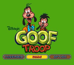The title screen displays two cartoon characters with exaggerated features at the top center against a bright green background. Below them, the word "GOOF" appears in large yellow letters with a red "TROOP" subtitle. The Disney logo sits above the characters in small black text. At the bottom, three purple rectangular buttons labeled "PASSWORD," "START," and "OPTION" are arranged horizontally, each with distinct color-coded borders in red, yellow, and purple respectively. The entire image uses bright primary colors and pixel-art style typical of early 1990s SNES games.