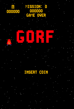 The title screen displays large red pixelated text reading "GORF" centered in the upper portion against a black starfield background. In the top-left corner, yellow text shows score "000000" and mission "0" with "000000" below it, followed by "GAME OVER" in yellow. A small red alien sprite appears on the left side. Yellow text reading "INSERT COIN" is positioned in the lower portion of the screen. White dots scattered across the black background create a space-themed aesthetic typical of early 1980s arcade graphics.