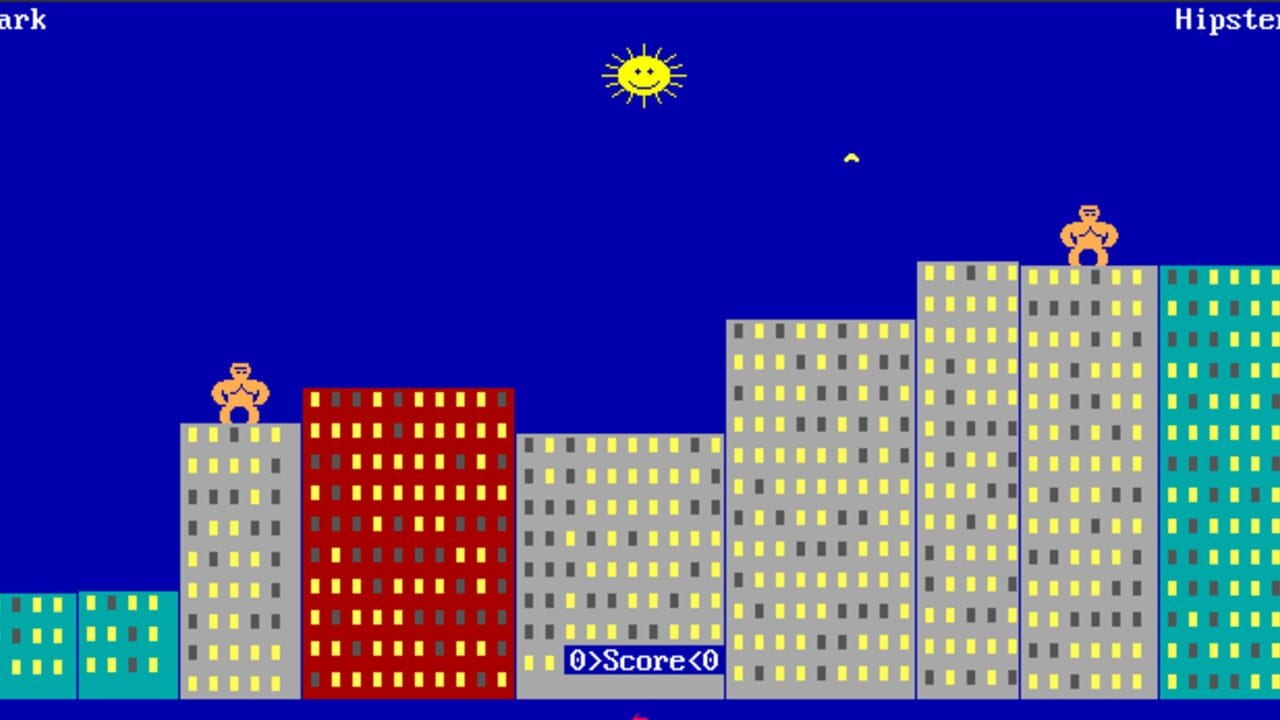 A blue sky spans the background with a centered yellow smiling sun. Two orange pixel-art gorillas stand on top of separate buildings across a city skyline of gray and tan structures with yellow-lit windows. A distinctive red building with yellow windows occupies the center-left. A score display reading "0>>Score<<0" appears at the bottom center. Teal and gray buildings frame the left and right edges of the screen.