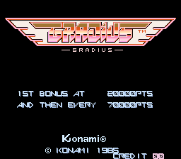 The Gradius arcade title screen displays the game logo in red and white geometric lettering at the top center, flanked by angular wing designs. Below, white text on a black background reads '1ST BONUS AT 2000POINTS AND THEN EVERY 7000POINTS'. At the bottom left, a Konami copyright notice appears in small white text with the year 1986 and a registered trademark symbol.