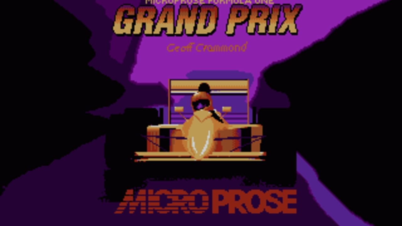 The title screen displays 'Microprobe Formula One Grand Prix' in large yellow-orange text against a purple gradient background, with 'Crof Crammond' credited below. A top-down view of an orange and white Formula One race car is shown centered on the screen, positioned on a track segment with a dark gray border. The MicroProse logo appears at the bottom in orange text. Silhouettes of spectator stands frame the left and right edges of the screen.