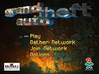 The title screen displays "Grand Theft Auto" in large metallic blue letters at the top center, with an explosion effect and flames in orange and yellow tones filling the lower background. Below the title, a vertical menu lists options in yellow text: Play, Gather Network, Join Network, Options, and Quit. The DMA Design logo appears in the bottom left corner, while the BMG Interactive logo is positioned in the bottom right. The overall aesthetic uses a dark background with textured, three-dimensional lettering effects typical of mid-1990s DOS game graphics.