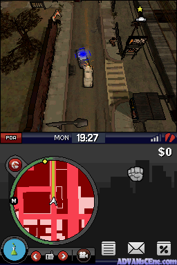 Top-down isometric view of a city street with a blue car positioned in the center, surrounded by pedestrian figures and fire hydrants. The upper portion displays game HUD elements including time (19:27), money counter ($0), and signal strength indicator. The lower portion shows a circular red and white minimap in the top-left corner and a dark menu bar with various icons including a message envelope and tools. The visual style uses bright, flat colors characteristic of Nintendo DS graphics.
