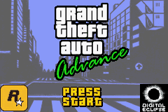 The Grand Theft Auto: Chinatown Wars title screen displays the series logo in white block letters with green neon-style lettering for 'Chinatown Wars' below it, centered against a nighttime cityscape with purple-tinted tall buildings in the background. At the bottom, a yellow button prompt reads 'PRESS START' on the left, while the Rockstar Games logo appears in the lower right corner. The overall color palette features purples, blues, and blacks with limited pixel detail characteristic of Game Boy hardware.