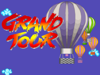 The Grand Tour title screen displays the red and yellow pixelated logo text in the upper left against a purple background. A large striped hot air balloon with a checkered basket dominates the center-right, accompanied by three smaller hot air balloons in orange and yellow stripes positioned to the right. Cyan spark effects appear in the upper left and lower left corners. The art style uses bright colors and sprite-based graphics typical of early 1990s arcade games.