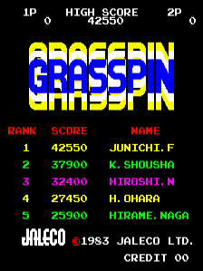 The title screen displays "GRASSPIN" in large blue and yellow pixelated letters at the top center. Below is a high score table listing five entries with rankings 1-5, showing player names and scores in cyan and magenta text against a black background. Player 1 and Player 2 score indicators appear in the upper corners. The Jaleco logo and copyright information (1983 Jaleco Ltd., Credit 00) are positioned at the bottom of the screen. The overall composition uses a simple arcade-style layout with bright primary colors on a dark background.