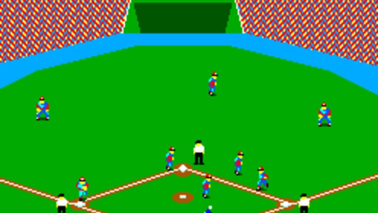 A baseball field viewed from an isometric perspective displays nine pixel-art player characters positioned across the green grass. A brown baseball diamond with white base markers sits in the center-lower area. Two white-clad umpires stand on opposite sides of the field. A blue curved horizon line frames the top edge, with a dark green structure and colorful diagonal-patterned sky visible in the background. The players wear colorful uniforms in red, yellow, and blue combinations typical of 8-bit sprite graphics.