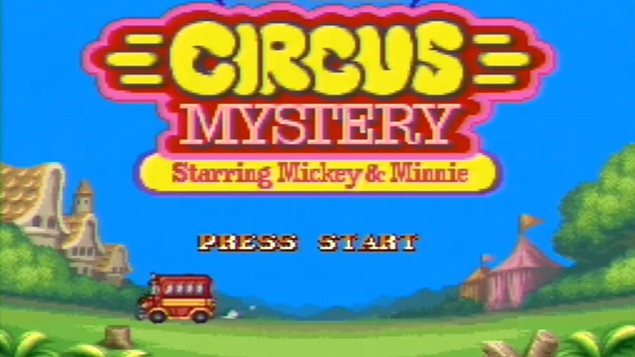 The title screen displays 'Circus Mystery' in large yellow letters outlined in red against a bright blue sky background. Below sits the subtitle 'Starring Mickey & Minnie' in yellow text. A 'Press Start' prompt appears in the center. The scene depicts a circus setting with green grass, a red circus tent on the left, a pink circus building on the right, trees, and structures. The overall color palette uses vibrant blues, greens, reds, and yellows typical of early 1990s SNES graphics.