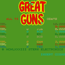 The title screen displays "GREAT GUNS" in large red and yellow pixelated letters centered on a bright green background. Below the title, a list of URLs appears on the left side in red text, while a scoring table with game modes and point values occupies the right side in yellow and green text. At the bottom, copyright information for Stern Electronics is visible in small green text, with "STERN" and the year displayed in red.