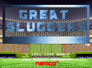 The title screen displays "GREAT SLUGGERS" in large blue pixelated letters centered against a mesh pattern background. Below the title, a baseball field with green grass and brown infield occupies the lower half. A scoreboard structure frames the top portion. Text reading "1993, 1994 NAMCO" appears in the middle section, with a red "NAMCO" logo positioned at the bottom center. The overall color palette uses blues, greens, browns, and yellows typical of early-1990s arcade graphics.