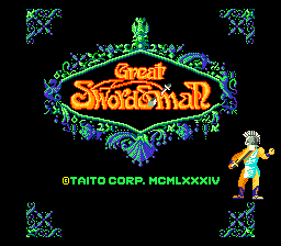 The title screen displays 'Great Swordsman' in large orange lettering centered within an ornate green and purple decorative border. Four small pixelated enemy sprites appear in cyan and purple in each corner of the screen. A pixelated warrior character stands on the right side wearing white and yellow clothing. Green text reading 'TAITO CORP. MCMLXXXIV' appears at the bottom center. The background is solid black with a scanline pattern typical of 1984 arcade hardware.