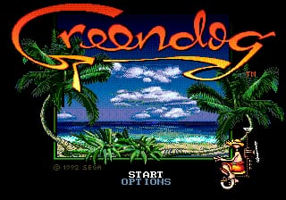 The title screen features the word 'Greendog' in large red and orange stylized lettering at the top. Below it, a tropical beach scene with turquoise water, white sand, and palm trees frames a bright sky with clouds. A small pixelated character stands in the lower right corner near the beach. The text 'START' and 'OPTIONS' appears at the bottom left in white lettering. The background is solid black, and the overall image uses a 16-bit color palette typical of Genesis-era graphics.