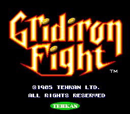 The title screen displays 'Gridiron Fight' in large orange and yellow flame-styled lettering at the top center. Below the title, white text reads '©1985 TEHKAN LTD.' and 'ALL RIGHTS RESERVED'. At the bottom, a green rectangular banner contains white text reading 'TEHKAN'. The background is solid black, typical of early 1980s arcade game aesthetics.