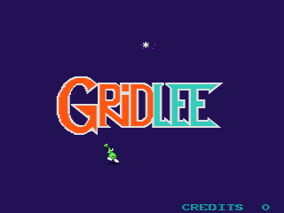The Gridlee title logo dominates the center in large block letters with orange and cyan coloring against a dark purple background. A small green pixel-art character sprite appears below the logo. The word "CREDITS" is visible in cyan text in the lower right corner, with a circular icon to its right. A small white dot appears in the upper portion of the screen.