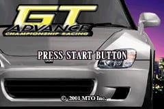 The GT Advance Championship Racing title screen displays a silver sports car photographed from a front-three-quarter angle against a purple gradient background. The game's yellow logo appears in the upper left corner, with 'MTO Inc.' credited below it in small text. White text reading 'PRESS START BUTTON' is centered in the middle of the screen. A copyright notice '© 2001 MTO Inc.' appears at the bottom.