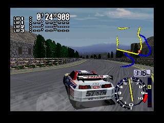 A race car viewed from behind drives on a straight asphalt track lined with guardrails, trees, and mountains visible in the distance under a blue sky. The HUD displays lap time, speed, gear, and throttle indicator in the lower right corner, with a small track map in the upper left. A second vehicle appears ahead on the road. The graphics show low polygon count and flat-shaded terrain typical of Nintendo 64 hardware.