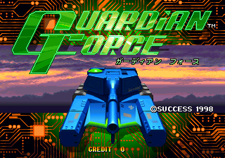 The title screen displays the green and yellow "Guardian Force" logo at top center against a purple sunset gradient background. Below sits a large blue robotic guardian unit depicted in 3D-style rendering, positioned centrally. A circuit board pattern in orange and green decorates the upper and lower edges of the screen. Text reading "©SUCCESS 1998" appears in the upper right, with "CREDIT 0" visible in the lower left corner. Japanese characters appear below the main title. The overall aesthetic combines arcade-style UI elements with a detailed mechanical character sprite against a stylized atmospheric backdrop.