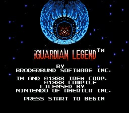 A large blue circular eye with a red center dominates the black starry background at the top of the screen. Below it, white text reads "GUARDIAN LEGEND™" in a bold pixelated font. Further down, developer and publisher credits appear in smaller white text: "BRODERBUND-SOFTWARE INC." and "LICENSED BY NINTENDO OF AMERICA INC." At the bottom, white text instructs "PRESS START TO BEGIN". Small white dots scattered across the black background suggest a space setting.