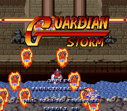 The Guardian Storm title screen displays a large orange and yellow logo at the top center against a brick wall background. Below the title, two rows of orange fireballs are arranged symmetrically on either side of the screen, set above a blue water or ground surface. A small purple character sprite appears in the center-lower portion, surrounded by additional orange flame effects. The overall color palette uses warm reds, oranges, and yellows against cooler brick and water tones, typical of late-1990s arcade sprite-based graphics.
