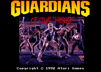 The title screen displays "GUARDIANS OF THE HOOD" in large orange text at the top, with "OF THE HOOD" in red neon-style lettering below. A central image shows five pixelated characters in fighting poses against a dark purple background with neon highlights, rendered in a typical early 1990s arcade sprite style. The copyright notice "Copyright © 1992 Atari Games" appears in white text at the bottom against the black background.