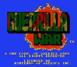 The title screen displays "GUERRILLA WAR" in large green pixelated letters against a bright blue background, with decorative red and orange ornamental frames above and below the text. Copyright text reads "© SNK CORP. OF AMERICA 1989" and "LICENSED BY AMERICA INC." in small white letters at the bottom. The art uses a limited 8-bit sprite palette typical of NES-era graphics.