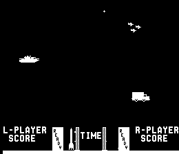 The title screen displays a black background with a two-player scoring interface at the bottom. The left side shows "L-PLAYER SCORE" with a vertical bar graph, center displays "TIME" with another bar graph, and right side shows "R-PLAYER SCORE" with a matching bar graph. A small white ship sprite appears in the upper left, while a white missile or projectile sprite is visible in the upper right, and another ship sprite sits in the lower right area. Simple white pixel-based graphics compose all elements against the dark background.