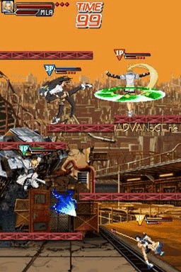 A sprite-based fighting game screen displays two characters engaged in combat across an urban rooftop stage with a brown and orange color palette. Health bars appear above each fighter, with the top-left showing player information and the timer reading 99 at top-right. A blue energy projectile is visible mid-screen, while buildings form the background with a parallax scrolling effect. The HUD includes damage counters and player designations, with the stage featuring industrial platforms and architectural elements in browns and greens beneath a golden-orange sky.