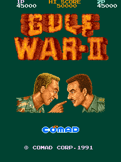 The title screen displays "GULF WAR-II" in large orange pixelated letters against a dark teal background. Below the title, two pixel-art male heads face each other in profile, rendered in tan and brown tones. A blue Comad Corp. logo appears beneath the character portraits. The top of the screen shows a score display reading "HI SCORE" on the left and "42500" on the right, with "25" and "450000" visible in the upper corners. Copyright text "© COMAD CORP. 1991" is positioned at the bottom of the screen.