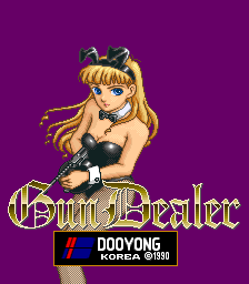 A blonde female character with pink bow and black outfit stands centrally against a solid purple background. The Gun Dealer title logo appears below her in ornate yellow and white lettering with a circular emblem. Developer credit reads "DOOYONG KOREA ©1990" in white text on a dark strip at the bottom of the screen.