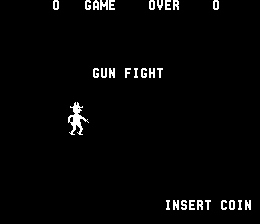 The title screen displays 'GUN FIGHT' in large white capital letters centered on a black background. A white pixelated cowboy figure stands in the left-center area, depicted in a simple two-color sprite style typical of mid-1970s arcade graphics. The top of the screen shows a score display with '0 GAME OVER 0' in white text. At the bottom right, white text reads 'INSERT COIN', prompting player input to begin.