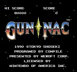 The title screen displays 'GUN NAC' in large golden letters with a yellow star symbol between the words. At the top, a high score of 80000 and current score of 0 appear in white text against the black background. Below the title, white text lists copyright information: '1990 ©TOKYO SHOSEKI PROGRAMMED BY COMPILE PRESENTED BY NEXOFT CORP. LICENSED BY NINTENDO OF AMERICA INC.' Small white dots scattered across the screen create a starfield effect typical of NES-era shoot-em-up title screens.