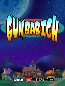 The Gunbarich title logo dominates the center in large yellow and cyan lettering with a comic book style outline. A crescent moon glows pale blue in the upper left corner against a dark purple starry sky. Below stretches a silhouetted nighttime landscape with houses, buildings, and structures in shades of orange, brown, and gray. A copyright notice reading '© 2001' and the Psikyo developer logo appear at the bottom left in small white text.