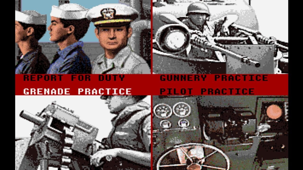 A menu screen divided into four quadrants displaying military training scenarios. The top-left shows three sailors in naval uniforms with white caps against a blue sky, labeled 'Report For Duty.' The top-right depicts a soldier operating a machine gun in black and white, labeled 'Gunnery Practice.' The bottom-left illustrates a soldier handling a rifle with ammunition belt, labeled 'Grenade Practice.' The bottom-right shows a cockpit interior with instrument gauges and steering wheel, labeled 'Pilot Practice.' Red horizontal bars separate the text labels across the screen. The overall color palette uses muted tones with pixelated 16-bit graphics typical of early 1990s DOS games.
