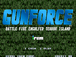 The title screen displays "GUNFORCE" in large blue capital letters at the top, with the subtitle "BATTLE FIRE ENGULFED TERROR ISLAND" in white text below. A green pixelated grass texture fills the background. Below the title, centered text reads "[rem]" followed by "1 COIN" and "1 PLAY" options. Copyright information for Irem Corporation appears at the bottom left, with "CREDIT 00" displayed in the bottom right corner. The overall color palette is dominated by greens, blues, and whites against a tiled grass pattern typical of early 1990s arcade graphics.