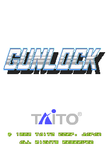 The Gunlock title logo dominates the center in blue and white striped lettering with a 3D perspective effect. Below it sits the Taito copyright mark and logo in blue. Green pixel text displays credits including "1993 TAITO CORP. JAPAN" and "ALL RIGHTS RESERVED" at the bottom of a black background. The overall layout is vertically centered with minimal additional visual elements.