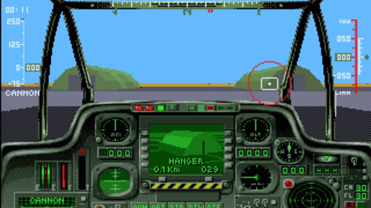 A cockpit view of a military helicopter with green monochrome instrumentation dominates the lower half of the screen, displaying altitude, heading, and terrain radar. The canopy frame extends across the top, with two large circular reticles framing the viewport. A landscape with green hills and gray runway stretches across the horizon under a blue sky. A targeting reticle circles a distant structure on the runway approximately 0.1 km away, marked as "HANGAR" on the central display. Status indicators line the top and sides showing ammunition, altitude, and compass readings in green text and red warning lights.
