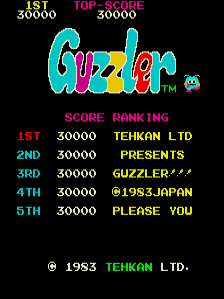 The title screen displays "Guzzler" in large cyan pixelated letters at center. A yellow character with a round body appears beneath the title. The top-left corner shows the player's score (30000) and top score (30000). A ranking table occupies the right side, listing five high-score entries with names including "TEHKON LTD", "PRESENTS", "GUZZLER???", "@1963 T.L.", and "PLEASE YOU", each with 30000 points. The copyright notice "@ 1963 TEHKAN. LTD." appears at the bottom. The background is black with red and cyan text elements framing the layout.