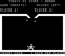 The title screen displays a black background with white text at the top showing 'TODAY'S HI SCORE 00000', 'GAME CREDITS', and 'MISSES LEFT'. Below that, 'PLAYER 1' and 'PLAYER 3' labels appear with two white dots representing juggling balls. A small white pixel-art juggling figure stands in the center lower portion of the screen. At the bottom, text reads 'INSERT COIN' and '1 COIN PER PLAYER'.