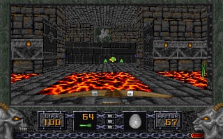 A first-person perspective of a brick-walled dungeon corridor with pools of lava on both sides of the floor. The player's weapon, a rifle-like instrument, is visible in the lower right corner. A heads-up display spans the bottom of the screen showing ammunition count (54), health/armor bars, and what appears to be radar or minimap elements on the left and right. The far wall features two doorways flanked by torches. The palette consists of dark grays, browns, and bright orange-red lava, rendered in low-resolution 3D sprites typical of early-to-mid 1990s DOS games.