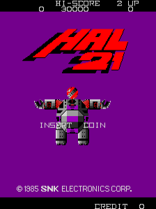 The title screen displays "HAL21" in large red and black pixelated letters against a purple background. Below the logo sits a sprite of a robot or mechanical character with a yellow head, green body, and symmetrical arms, centered on screen. Underneath reads "INSERT COIN" in white text. The top-left corner shows "0" and "HI-SCORE 0000" with "2 UP" in the top-right. The bottom displays "© 1985 SNK ELECTRONICS CORP." and "CREDIT 0" in white text. The overall color scheme uses purple, red, black, yellow, and green with low-resolution pixel art typical of mid-1980s arcade games.